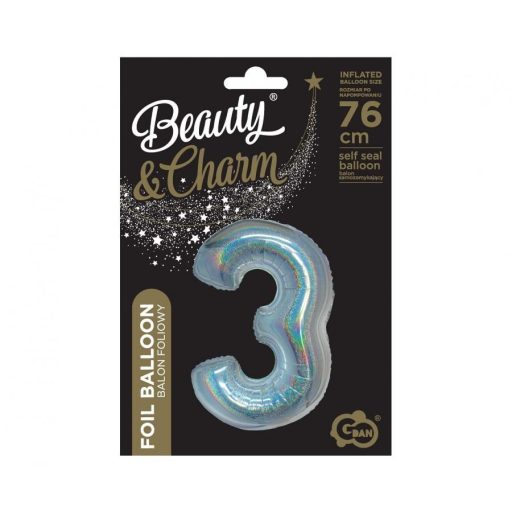 Ezüst Holographic 3-as szám fólia lufi 76 cm