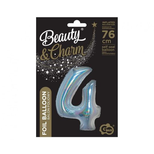 Ezüst Holographic 4-es szám fólia lufi 76 cm