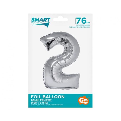 Ezüst 2-es Silver szám fólia lufi 76 cm