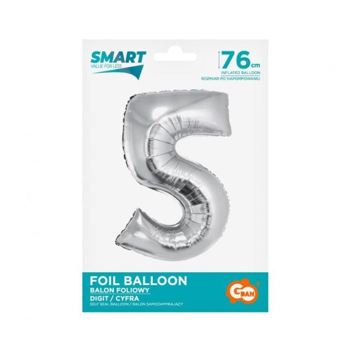 Ezüst 5-ös Silver szám fólia lufi 76 cm