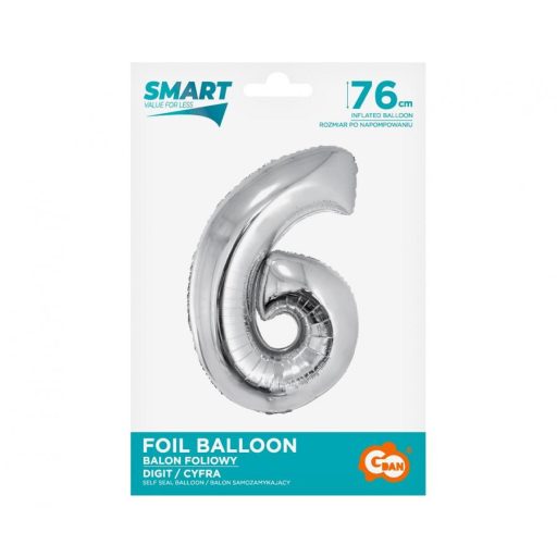 Ezüst 6-os Silver szám fólia lufi 76 cm