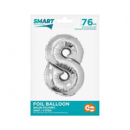 Ezüst 8-as Silver szám fólia lufi 76 cm