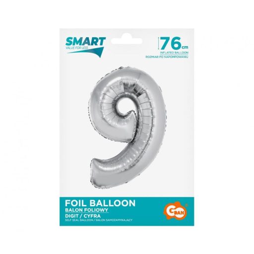 Ezüst 9-es Silver szám fólia lufi 76 cm