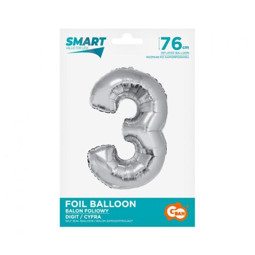 Ezüst 3-as Silver szám fólia lufi 76 cm