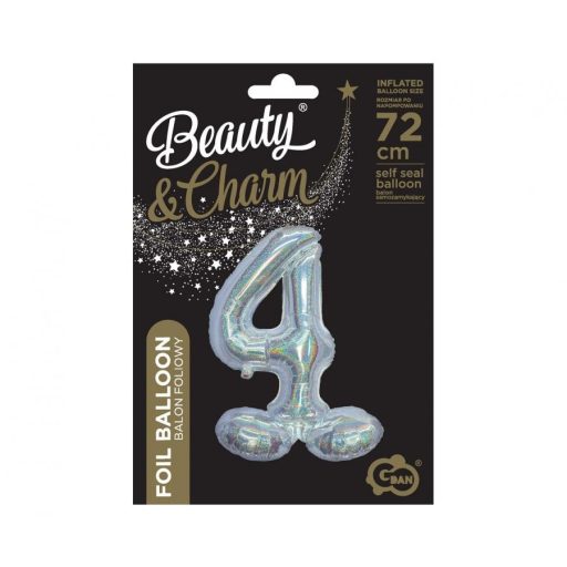 Ezüst Holographic Silver 4-es szám fólia lufi talppal 72 cm