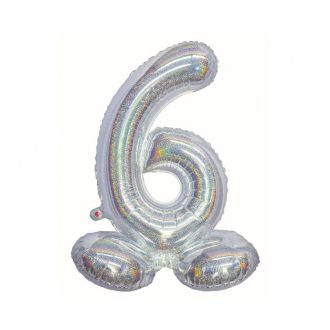   Ezüst Holographic Silver 6-os szám fólia lufi talppal 72 cm