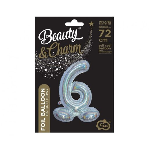 Ezüst Holographic Silver 6-os szám fólia lufi talppal 72 cm