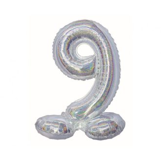   Ezüst Holographic Silver 9-es szám fólia lufi talppal 72 cm