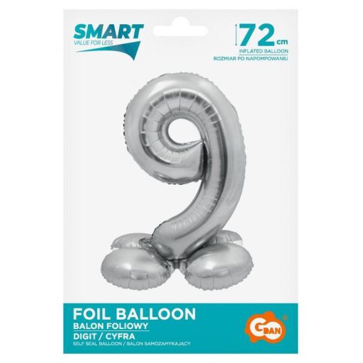 Ezüst 9-es Silver szám fólia lufi talppal 72 cm