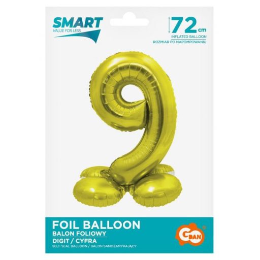 Arany 9-es Gold szám fólia lufi talppal 72 cm