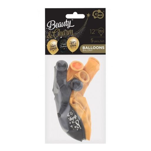 Happy Birthday 18 Gold-Black léggömb, lufi 5 db-os 12 inch (30 cm)