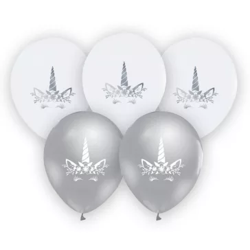 Unikornis Silver léggömb, lufi 5 db-os 12 inch (30cm)