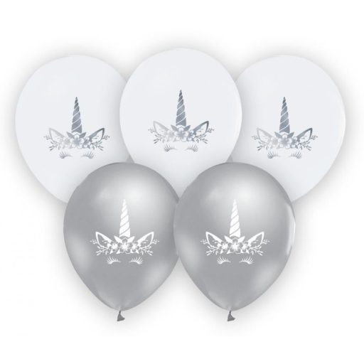 Unikornis Silver léggömb, lufi 5 db-os 12 inch (30cm)