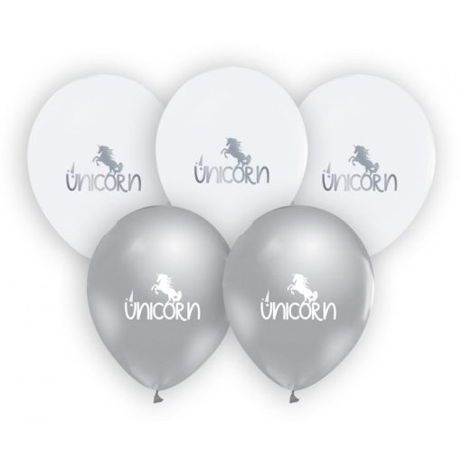 Unikornis Silver léggömb, lufi 5 db-os 12 inch (30cm)