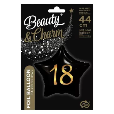 Fekete Happy Birthday 18 Black csillag fólia lufi 44 cm