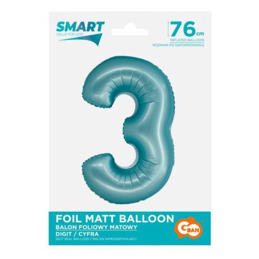 Kék 3-as Light Blue Mat szám fólia lufi 76 cm