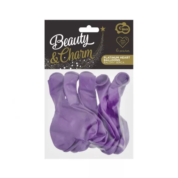 Szív Platinum Light Purple léggömb, lufi 6 db-os 12 inch (30 cm)