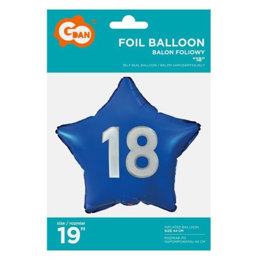 Kék Happy Birthday 18 Blue csillag fólia lufi 44 cm