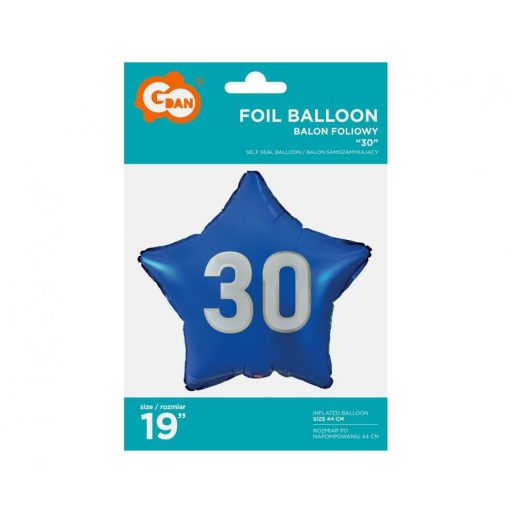 Kék Happy Birthday 30 Blue csillag fólia lufi 44 cm