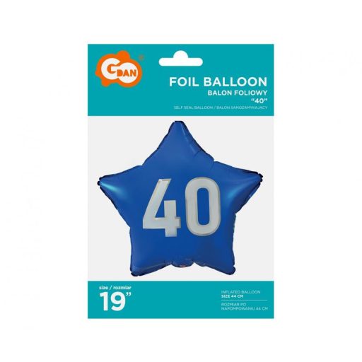 Kék Happy Birthday 40 Blue csillag fólia lufi 44 cm