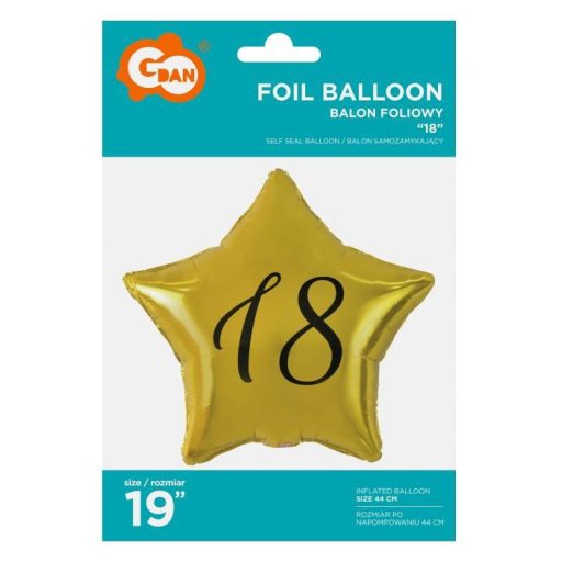Arany Happy Birthday 18 Gold csillag fólia lufi 48 cm