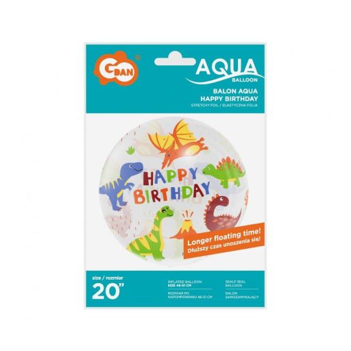 Dinoszaurusz Aqua Happy Birthday gömb fólia lufi 46 cm