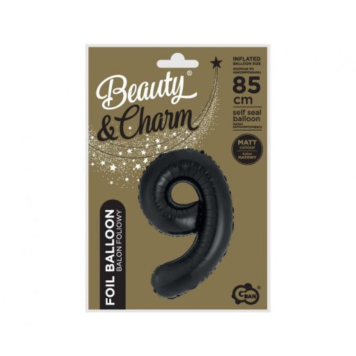 Fekete 9-es B&C Matt Black szám fólia lufi 85 cm