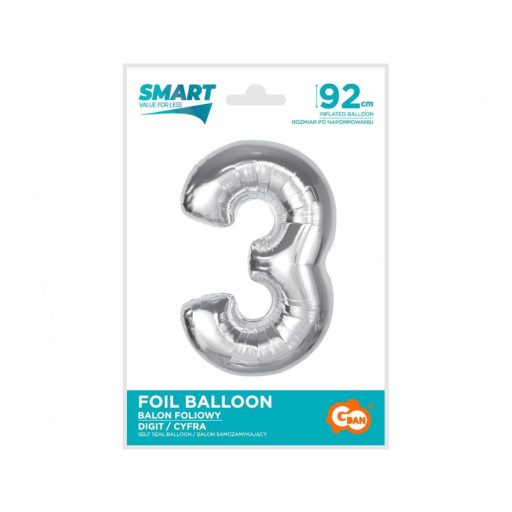 Ezüst 3-as Silver szám fólia lufi 92 cm