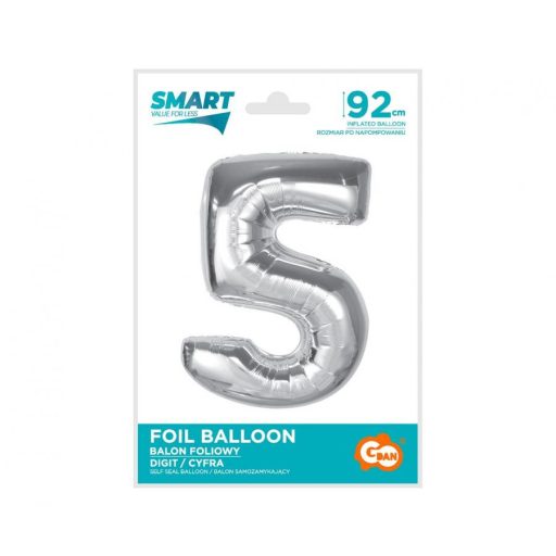 Ezüst 5-ös Silver szám fólia lufi 92 cm