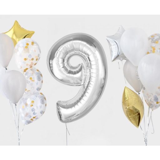 Ezüst 9-es Silver szám fólia lufi 92 cm