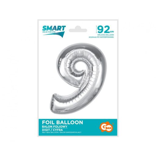 Ezüst 9-es Silver szám fólia lufi 92 cm