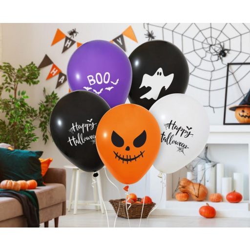 Halloween Happy léggömb, lufi 5 db-os 12 inch (30 cm)