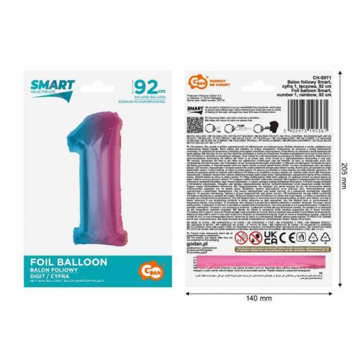 Színes 1-es Rainbow szám fólia lufi 92 cm