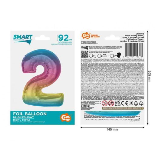 Színes 2-es Rainbow szám fólia lufi 92 cm