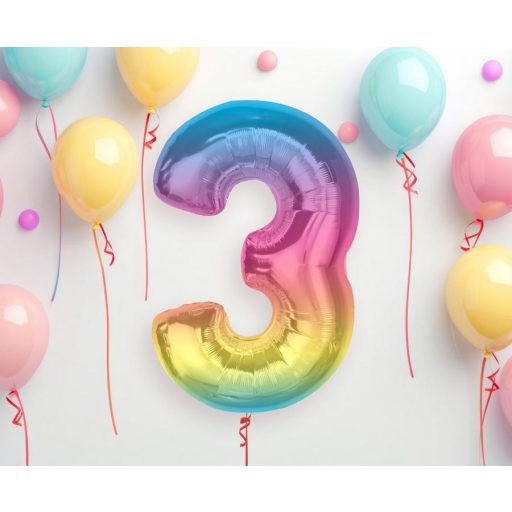 Színes 3-as Rainbow szám fólia lufi 92 cm