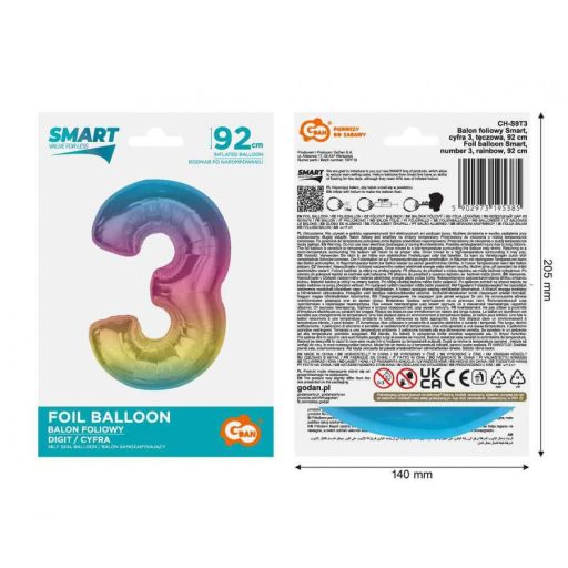 Színes 3-as Rainbow szám fólia lufi 92 cm