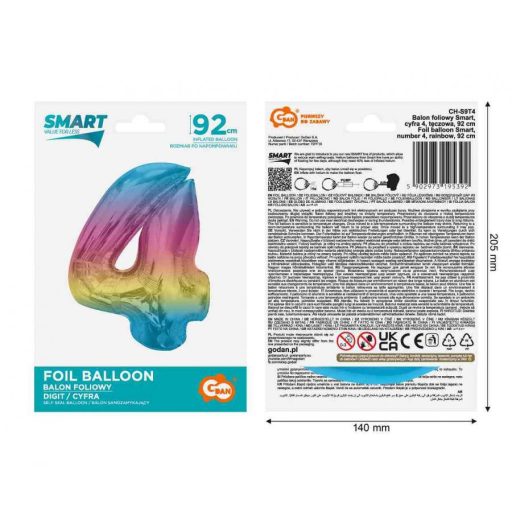 Színes 4-es Rainbow szám fólia lufi 92 cm