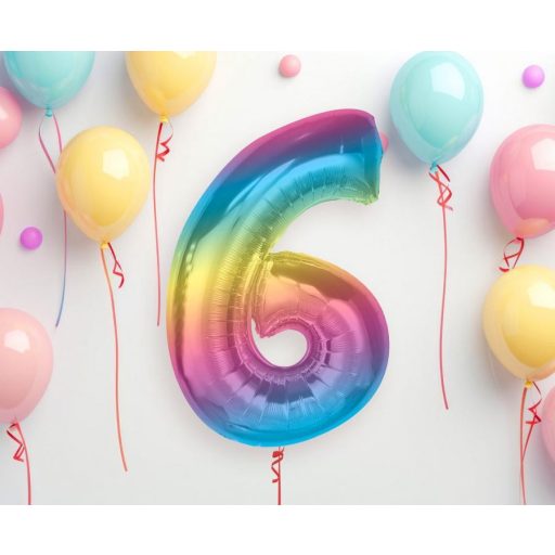 Színes 6-os Rainbow szám fólia lufi 92 cm