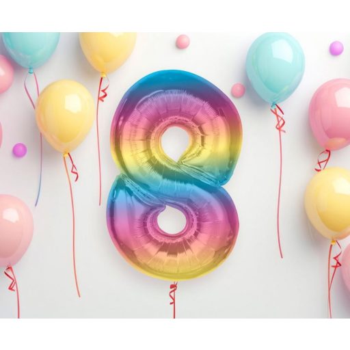 Színes 8-as Rainbow szám fólia lufi 92 cm