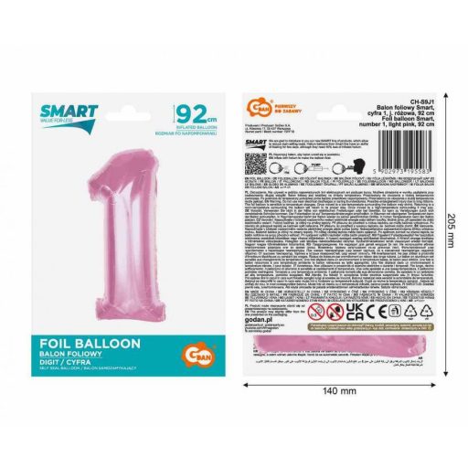 Rózsaszín 1-es Light Pink szám fólia lufi 92 cm