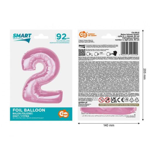Rózsaszín 2-es Light Pink szám fólia lufi 92 cm