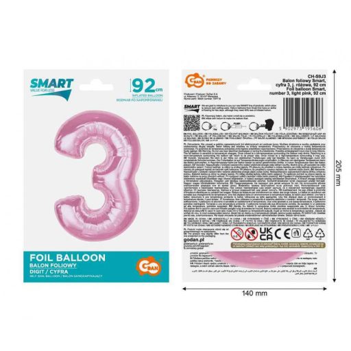 Rózsaszín 3-as Light Pink szám fólia lufi 92 cm