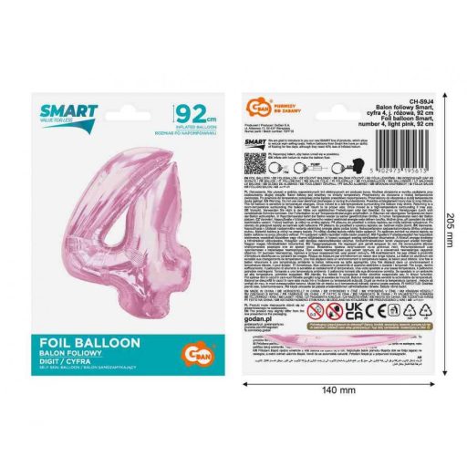 Rózsaszín 4-es Light Pink szám fólia lufi 92 cm