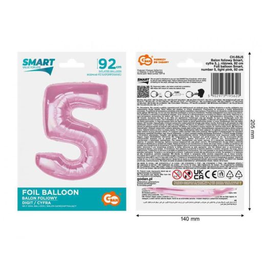 Rózsaszín 5-ös Light Pink szám fólia lufi 92 cm