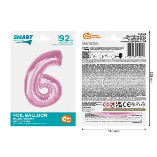 Rózsaszín 6-os Light Pink szám fólia lufi 92 cm