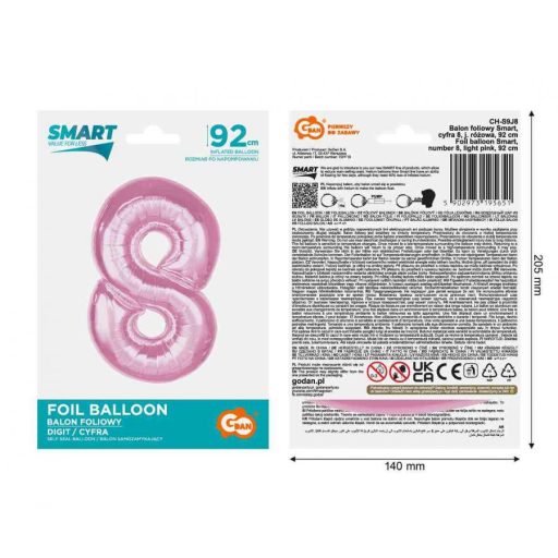 Rózsaszín 8-as Light Pink szám fólia lufi 92 cm