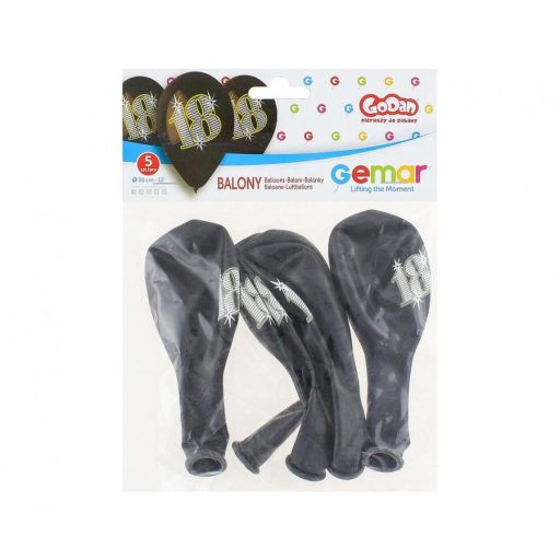 Happy Birthday 18 Black léggömb, lufi 5 db-os 12 inch (30 cm)