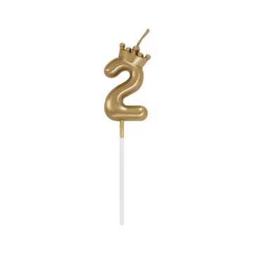 Arany Champagne Crown 2-es számgyertya, tortagyertya 6 cm