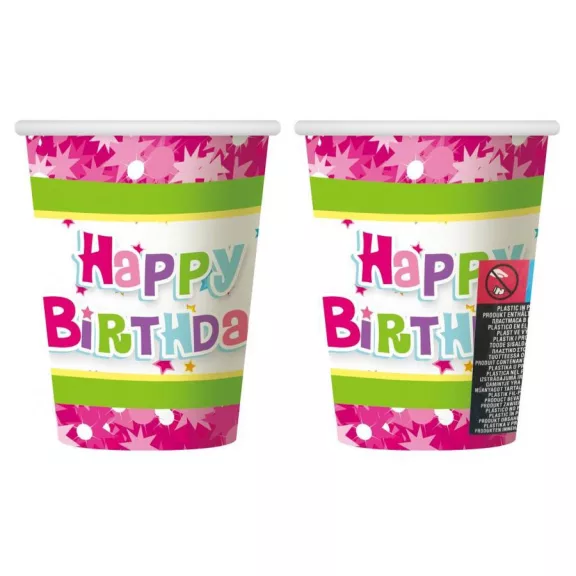 Happy Birthday Pink papír pohár 6 db-os 270 ml