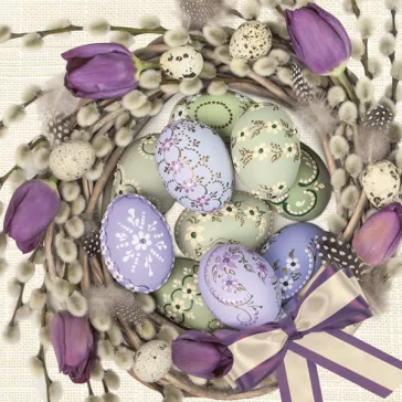 Húsvét Violet Tulips Wreath szalvéta 20 db-os 33x33 cm